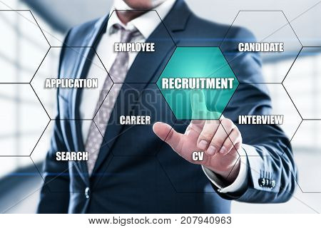 Recruitment Career Employee Interview concept on the hexagons and transparent honeycomb structure presentation screen. Man pressing button on display with word in modern office.