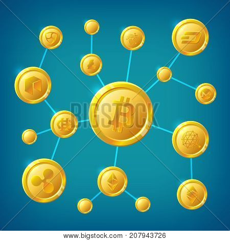 Blockchain, cryptocurrency and bitcoin decentralization anonymous internet transaction vector concept. Illustration of process transaction cryptocurrency