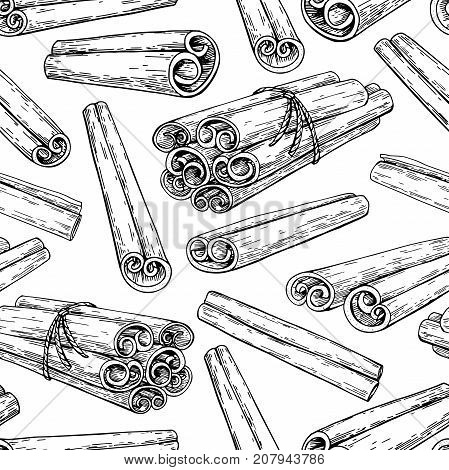 Cinnamon stick and tied bunch seamless pattern. Vector drawing. Hand drawn sketch. Seasonal food illustration isolated on white. Engraved style spice and flavor object. Cooking and aromaterapy ingredient.
