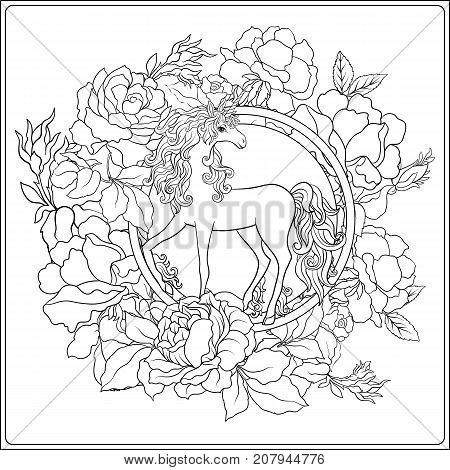 Unicorn. The composition consists of a unicorn surrounded by a bouquet of roses. Outline hand drawing coloring page for adult coloring book. Stock vector.