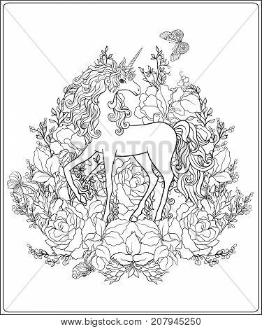 Unicorn. The composition consists of a unicorn surrounded by a bouquet of roses. Outline hand drawing coloring page for adult coloring book. Stock vector.