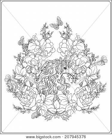 Unicorn. The composition consists of a unicorn surrounded by a bouquet of roses. Outline hand drawing coloring page for adult coloring book. Stock vector.