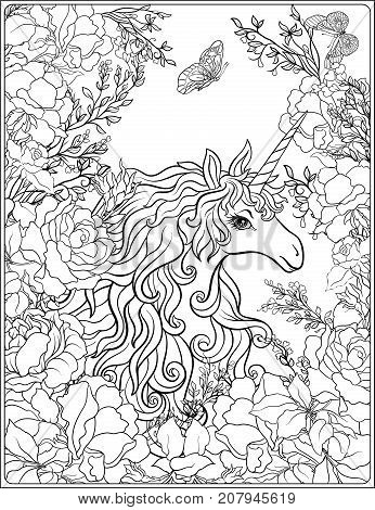 Unicorn. The composition consists of a unicorn surrounded by a bouquet of roses. Outline hand drawing coloring page for adult coloring book. Stock vector.
