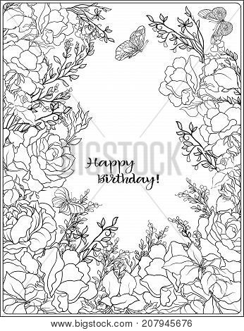 The composition of bouquet of roses and butterflies. Outline hand drawing coloring page for adult coloring book with place for text. Stock vector.