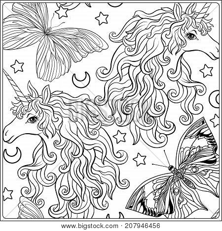 Unicorn. The composition consists of a unicorn surrounded by a bouquet of roses. Outline hand drawing coloring page for adult coloring book. Stock vector.