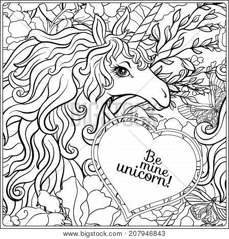 Unicorn. The composition consists of a unicorn surrounded by a bouquet of roses. Outline hand drawing coloring page for adult coloring book. Stock vector.