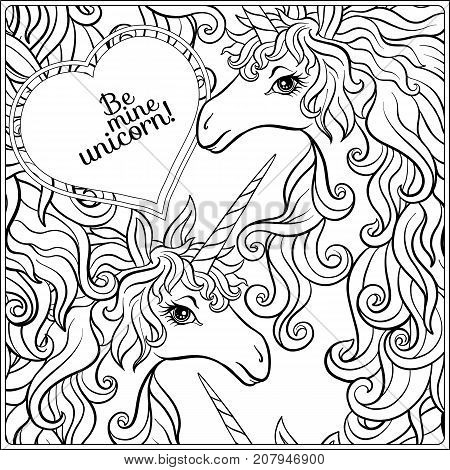 Unicorn. The composition consists of a unicorn surrounded by a bouquet of roses. Outline hand drawing coloring page for adult coloring book. Stock vector.