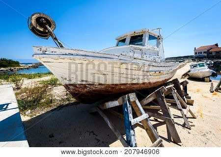 Repair And Restoration Of Old Wooden Fishing Ship Or Boat.