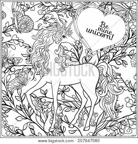 Unicorn. The composition consists of a unicorn surrounded by a bouquet of roses. Outline hand drawing coloring page for adult coloring book. Stock vector.