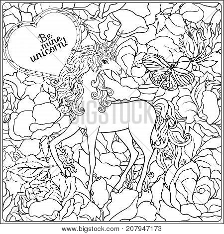 Unicorn. The composition consists of a unicorn surrounded by a bouquet of roses. Outline hand drawing coloring page for adult coloring book. Stock vector.