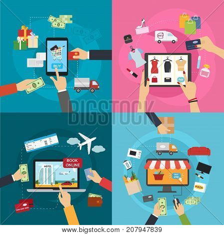 Concepts of online payment methods confirmed by bank card cashier counter workplace vector illustration in flat style. Money finance people hands mobile banking backgrounds.