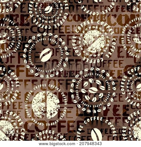 Coffee. Abstract coffee pattern on brown background with a lettring.