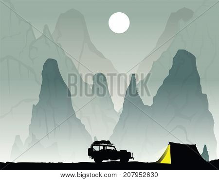 Mountains night landscape with car and tent. Travel lifestyle, active vacation concept illustration. Easy to redi