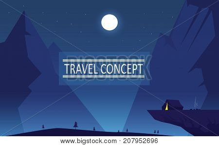 Night mountaing lanscape. Travel lifestyle, active vacation concept illustration. Easy to redit