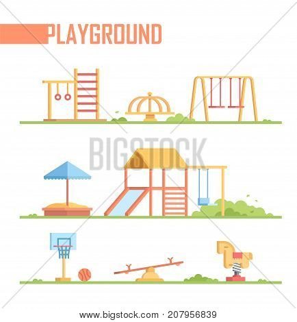 Set of playground elements - modern vector cartoon isolated illustration on white background. Sandbox, merry-go-round, slide, swing, horizontal bar, rings, spring rider, jungle gym, seesaw, basketball