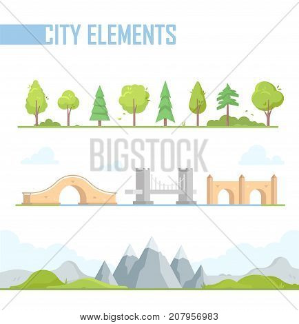 Set of city elements - modern vector cartoon isolated illustration in flat design style on white background. Different trees, bushes, mountains, hills. Moon, viaduct, arched bridges