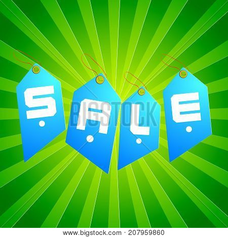 Light blue sale tag set in different shape combined in word sale on lime color background vector illustration