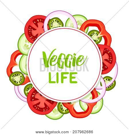 Round frame with inscription. Set of ingredients for burger and salad. Sliced bulgarian bell pepper paprika cucumber tomato. Vector illustration cartoon flat icon isolated on white.