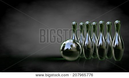 3D Rendering Of A Reflective Bowling Set With Green Outlined Lines As Blueprint On Dark Background