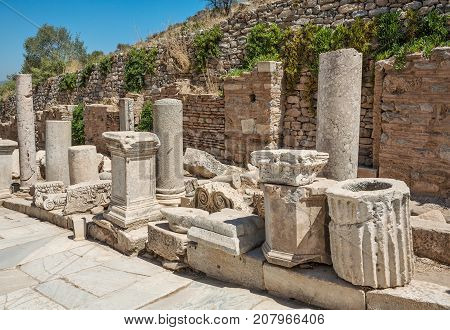 Ruins of Curetes street in antique Ephesus. Selcuk in Izmir Province Turkey.