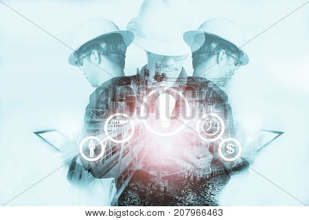 Double exposure of Engineer or Technician man with industry tool icons for management business by using tablet with safty helmet & uniform for oil and gas industrial business concept.