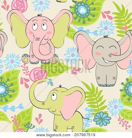 Vector seamless pattern with elephant and flowers