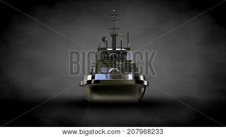3D Rendering Of A Metalic Reflective Ship On A Dark Background