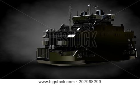 3D Rendering Of A Metalic Reflective Ship On A Dark Background