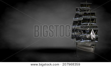3D Rendering Of A Metalic Reflective Ship On A Dark Background
