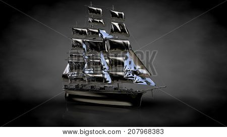 3D Rendering Of A Metalic Reflective Ship On A Dark Background