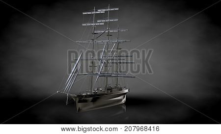 3D Rendering Of A Metalic Reflective Ship On A Dark Background