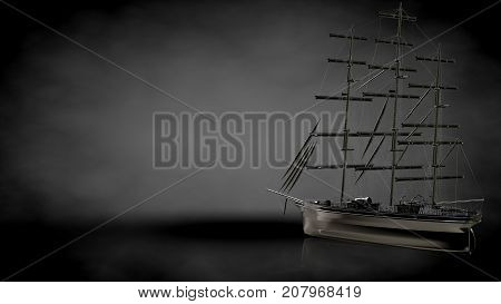 3D Rendering Of A Metalic Reflective Ship On A Dark Background