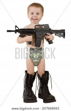Baby Play Gun, Kid Boy Playing Army in Military Boots, camouflage diaper