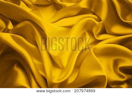 Silk Fabric Background Yellow Satin Cloth Waves Abstract Flowing Waving Textile