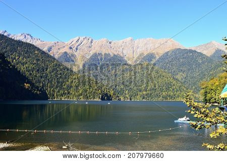 Lake, mountains, forest, the Caucasus mountains Lake