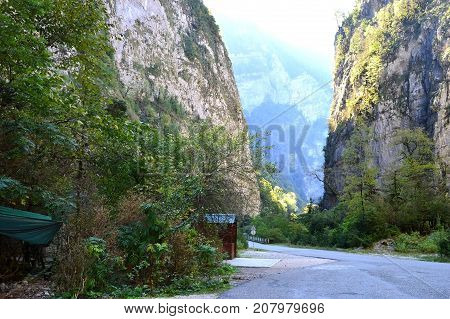 Caucasus mountains the road goes through the gorge