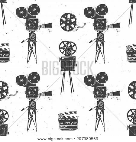 Camera film reel and clapperboard vintage seamless pattern handdrawn sketch retro movie industry vector illustration.
