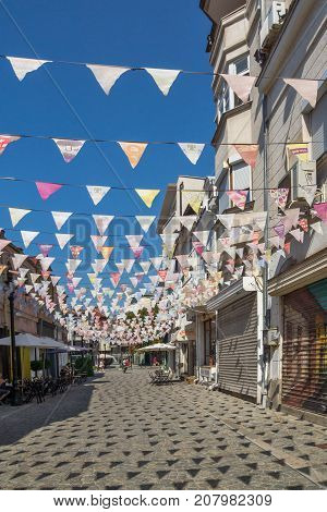 PLOVDIV, BULGARIA - SEPTEMBER 1, 2017:  Street in district Kapana, city of Plovdiv, Bulgaria