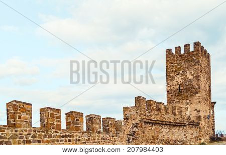 Genoese fortress in Sudak, the Crimea Peninsula, Black sea. Consular castle and the fortification wall of the upper tier. Part of the wall, Museum-reserve 