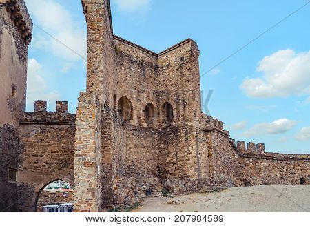 Genoese fortress in Sudak, the Crimea Peninsula, Black sea. Consular castle and the fortification wall of the upper tier. Part of the wall, Museum-reserve 