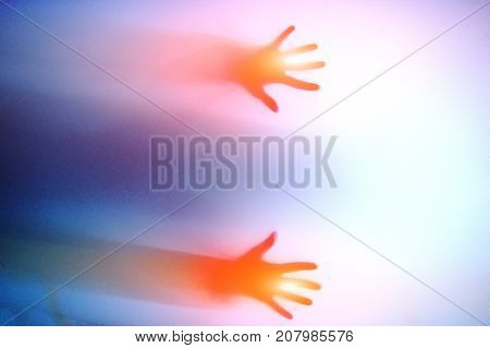 Ghosts On Transparent Background. Paranormal,conceptual Photo Hand On The Glass, Silhouette Through