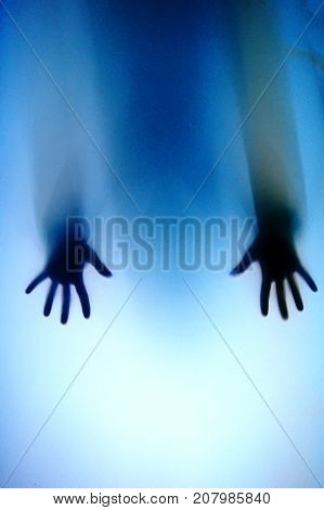 Paranormal,conceptual Photo Hand On The Glass, Silhouette Through The Glass, Hand Limbs Through Wind