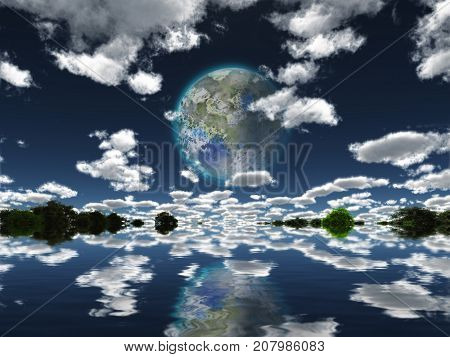 Surreal digital art. Terraformed moon seen from the Earth.  3D rendering Some elements provided courtesy of NASA.