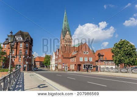 LUNEBURG, GERMANY - MAY 21, 2017: Bridge and tower iof the St. Johannis church in Luneburg Germany
