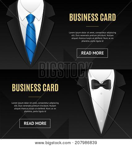 Business Card Bow Tie and Necktie Horizontal Set Formal Elegant Style Businessman Official Costume. Vector illustration of Two Cards