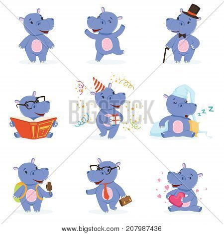 Cute baby behemoth character in action. Happy, intelligent, walking, jumping, reading, sleeping, playing. Funny vector set of emotion hippo. Cartoon hippopotamus stickers collection in different poses