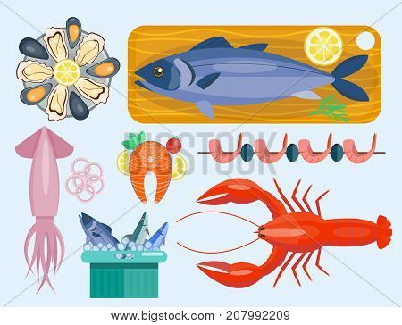 Fresh seafood flat vector illustration fish gourmet delicious restaurant cooking gourmet sea food meal. Marine appetizer prepared tasty mediterranean cuisine.
