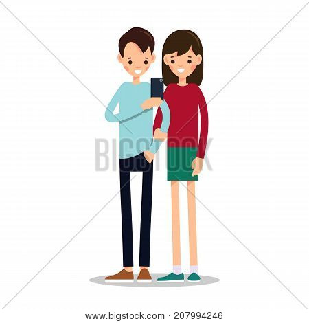 Man and woman do selfie. Friends do joint self-portrait photograph. Happy smiling young man and women taking selfie photo. Illustration in flat style. Isolated
