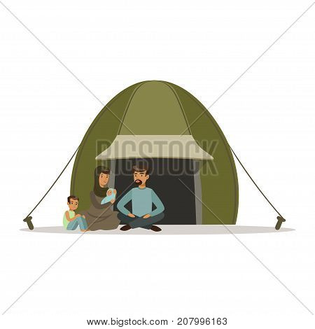 Stateless refugee family living in a camp, social assistance for refugees vector Illustration isolated on a white background