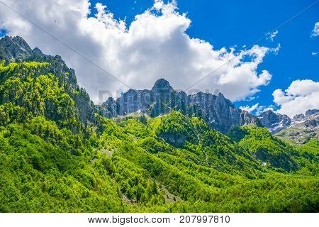 Picturesque Snow-capped Peaks Of High Mountains.